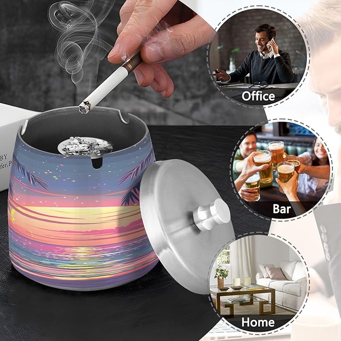 Hawaii Sunset Beach View Ashtray with Lid, Outdoor Ashtrays for Patio, Stainless Steel Ashtray Odorless Smokeless for Home Office Balcony