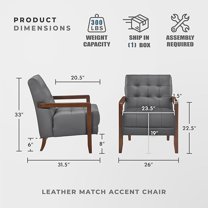 Lexicon Modern Accent Chair, Luxury Genuine Leather Match Living Room Chair with Tufted Cushions, Solid Wood Frame and Arm Rest, Comfy Upholstered Single Seat for Bedroom/Reading/Office, Dark Gray