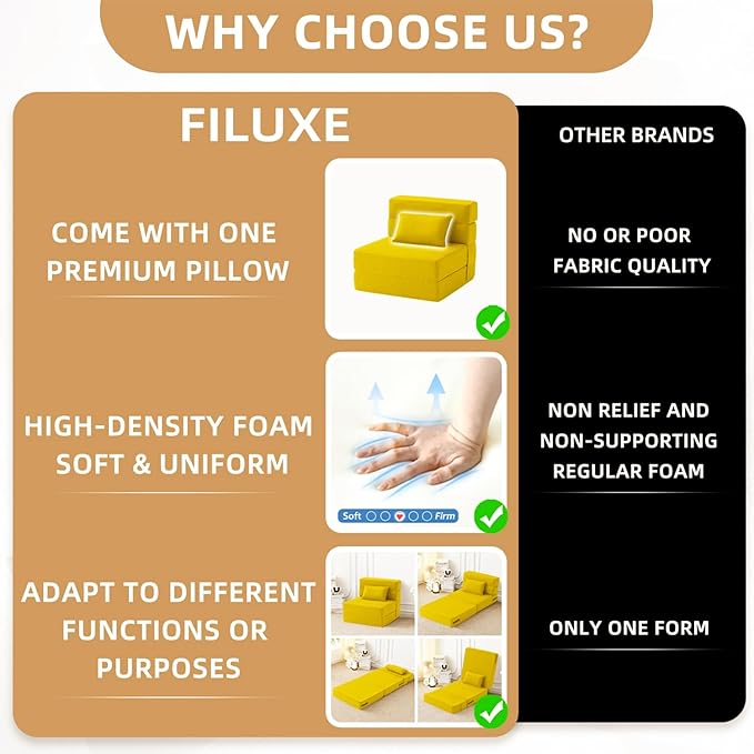 FILUXE Convertible Folding Sofa Bed-Sleeper Chair with Pillow, Modern Linen Fabric Floor Futon Couch, Foldable Mattress for Living Room/Dorm/Guest Use/Home Office/Apartment,Single Size,Yellow