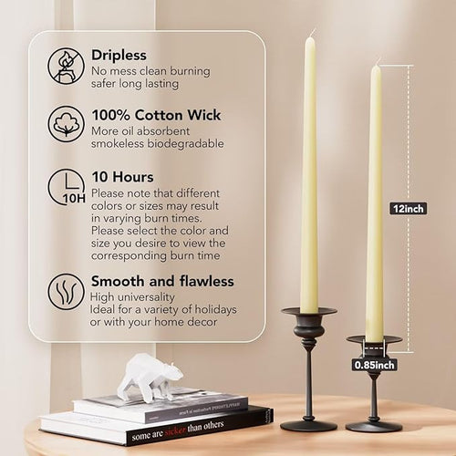 12-Inch Tall Dripless Taper Candles Set of 4 - Ivory Tapered Candles, Perfect for Wedding,Dinner - Smokeless, Unscented, Long Burning - Hand Poured, Colored Tall Candlesticks - Cream