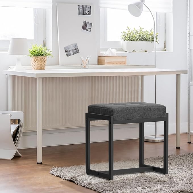 Vanity Stool, Vanity Chair Stools for Makeup Room, Square Linen Makeup Stool for Vanity, Modern Padded Small Ottomans Foot Rest for Bedroom Living Room, Dark Grey&Black
