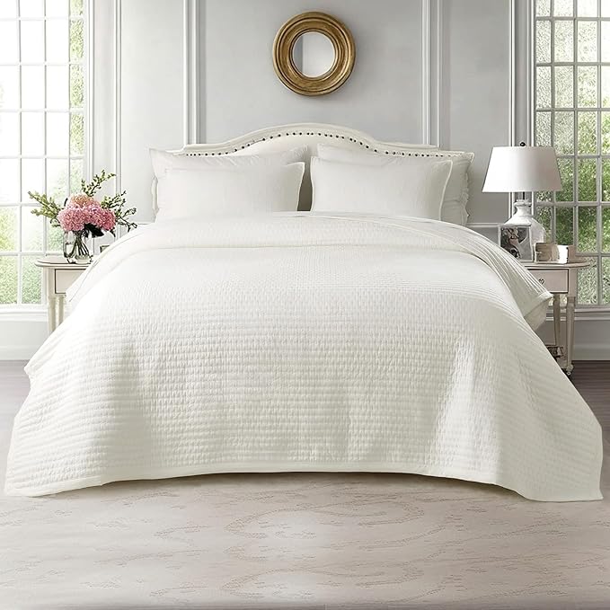 KASENTEX Twin Quilt Set 68"x86" – Soft Washed 3-Layer Lightweight Bedspread, Minimalist Nordic Design, All-Season Spring & Summer Quilt Set (1 Quilt + 2 Pillow Shams),Cream White