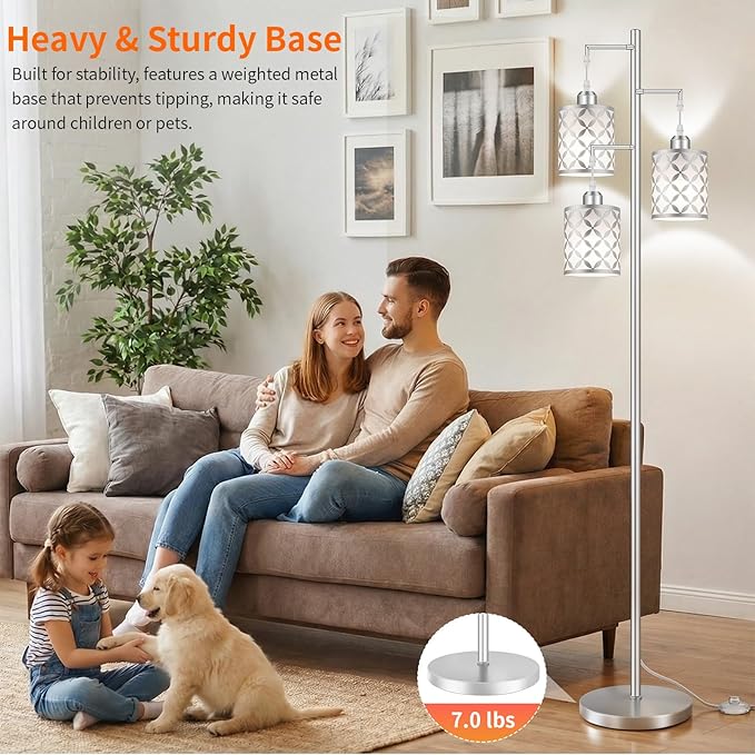 New Upgraded 72" Tall Dimmable Floor Lamp, 3 x 800LM 9W LED Bulbs Included, Farmhouse Standing Lamp with Remote Control, Industrial Tree Pole Floor Lamps for Living Room, Bedroom, Study Room - Silver