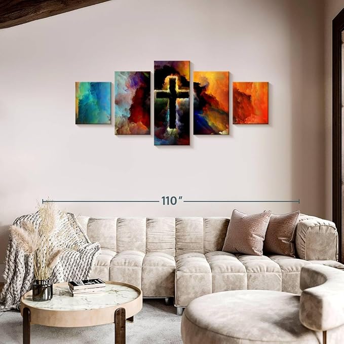 Elephant Stock Colorful Cross Wall Art Multi Piece Canvas - 5 Panel Christian Pictures Decor - Digital Design Canvas Print - Christian Wall Decor - 80" X 36"
