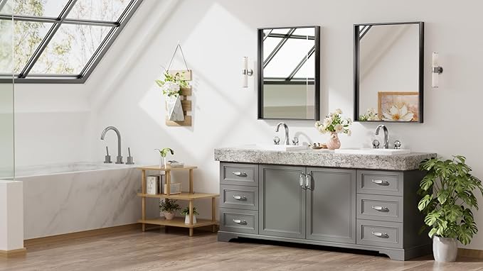 Keonjinn 24 x 32 Inch Black Mirror for Wall, Rectangle Bathroom Vanity Mirrors for Over Sink, Metal Framed Farmhouse Mirror, Square Corner Brushed Rectangular Mirror(Horizontal/Vertical)