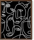 Abstract Face Pattern Wall Art Black Background White Continuous Line Drawing 16x20 Inch Oak Wood Walnut Framed Modern Diverse Portrait for Living Room Decor