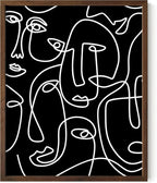 Abstract Face Pattern Wall Art Black Background White Continuous Line Drawing 16x20 Inch Oak Wood Walnut Framed Modern Diverse Portrait for Living Room Decor