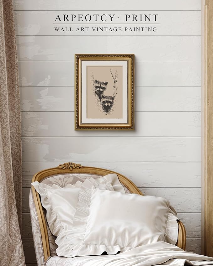ARPEOTCY Vintage Gold Framed Wall Art for Living Room, 11x14 Inch Raccoon Canvas Print Home Decor, Sketch Animal Painting Picture, Bedroom Wall Decor Gifts for Friends or Family