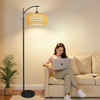 Arc Floor Lamps for Living Room Rattan Boho Floor Lamp with Remote Control,Dimmable LED Floor Lamp Wicker Lamp Shades Black Standing Lamp with 3 Color Temperature Tall Floor Lamps For Bedroom Corner