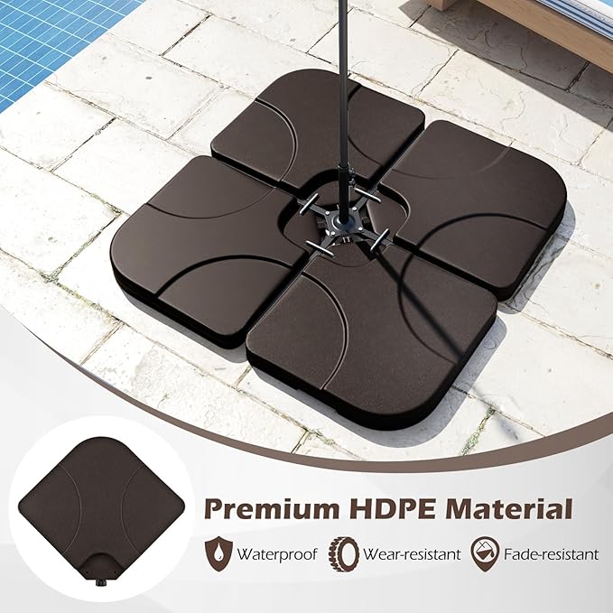 Tangkula Umbrella Base Set of 4, Cantilever Offset Umbrella Stand with HDPE Frame, Water & Sand Filled Refillable Base, Easy-Fill Spouts for Patio, Poolside (Brown)
