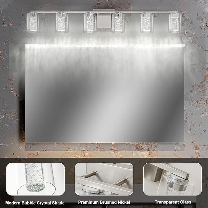 SineRise 6-Light Brushed Nickel Vanity Light with 3 Color Modes (3000K/4000K/6000K), Eye Protection LED Bathroom Light Fixture, Dimmable Modern Wall Light Over Mirror with Clear Glass Shade