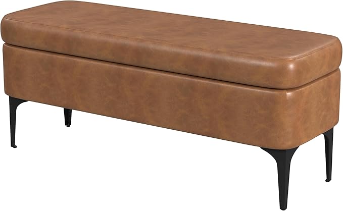 HomePop Upholstered Storage Bench with Metal Leg, 42" W, Carmel Faux Leather