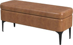 HomePop Upholstered Storage Bench with Metal Leg, 42" W, Carmel Faux Leather