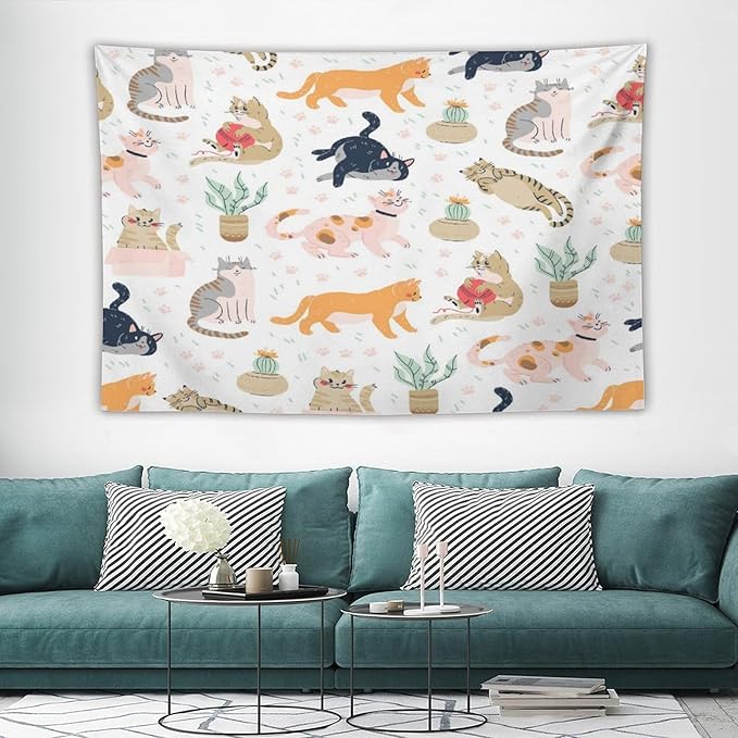 VUMIVI Cute Cat Tapestry Kids Hand-Painted Doodles Colorful Illustrations Potted Plants Paw Prints Tapestry Wall Hanging for Living Room Bedroom Dorm Classroom Aesthetic Decor W60xL40in