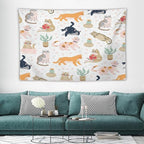 VUMIVI Cute Cat Tapestry Kids Hand-Painted Doodles Colorful Illustrations Potted Plants Paw Prints Tapestry Wall Hanging for Living Room Bedroom Dorm Classroom Aesthetic Decor W60xL40in