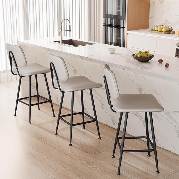 24-Inch Leather Bar Stools Set of 3, Counter Height Barstools with High Backrest，Bar Chairs for Kitchen Island with Heavy Duty Metal Base, Beige