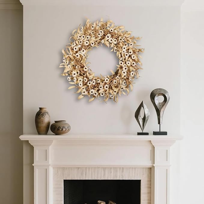 24 Inch White Floral Wreaths for Front Door - Spring Summer Decor with Artificial Eucalyptus, Boxwood & Grain Stems, All Season Farmhouse Wreath for Indoor Outdoor