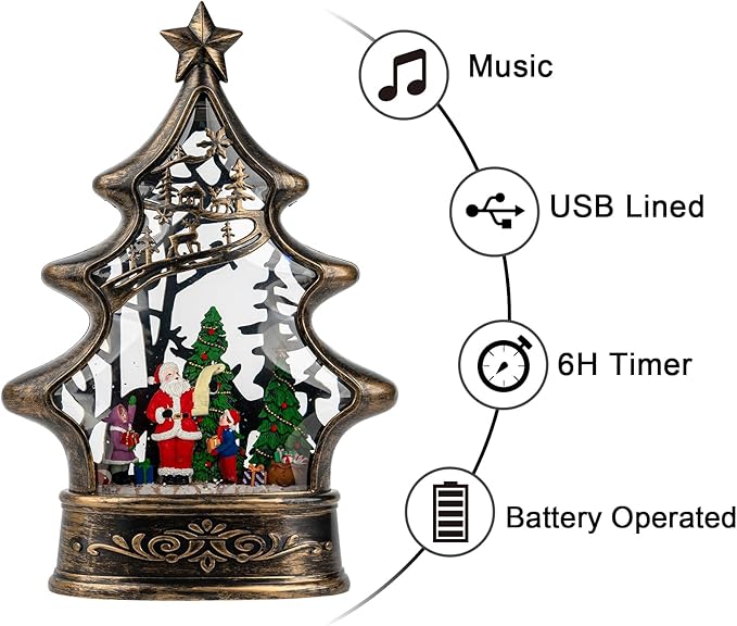 Musical Snow Globe Christmas Tree Lantern Lighted Santa's List Christmas Snow Water Lantern Swirling Glittering Home Decoration and Gift, Battery Operated or USB Powered