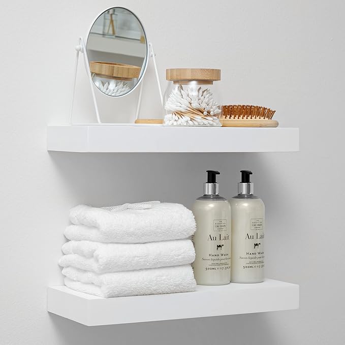 Homeforia White Floating Shelves 16 inch, High End Solid Real Wood 16inch Bathroom Floating Shelf for Wall Mounted, White Wooden 16 Floating Shelves, Heavy Duty Bracket, 16 X 6.5 X 1.75 inch, Set of 4