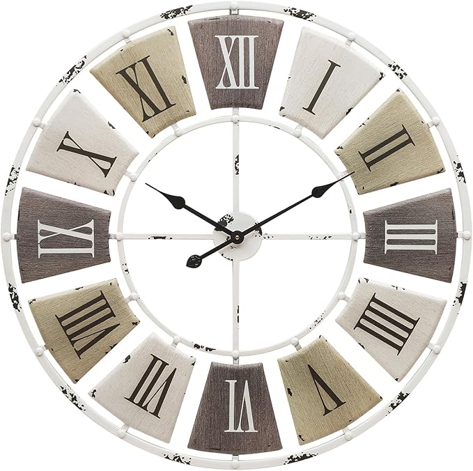 Distressed Metal Wall Clock 24 Inch, Industrial Vintage Roman Numerals, Weathered Iron Frame Farmhouse Office Cafe Decor