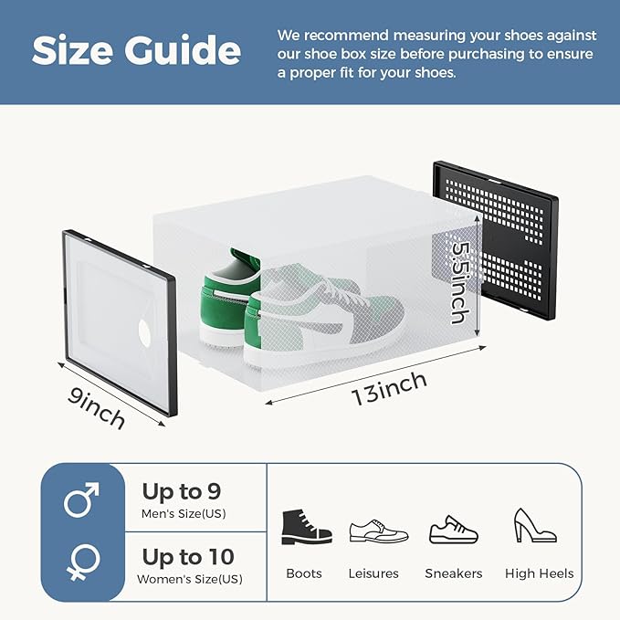 DUMOS Stackable Shoe Storage Boxes, 12-Pack Plastic Shoe Organizers with Lids, Large Shoe Rack & Holder for Closet, Under Bed, Entryway, Sneaker Display and Storage Containers, Black