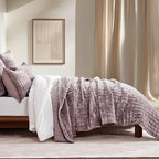RECYCO Luxury Velvet Quilt Set King Size Bedding Sets, Ultra Soft Velvet Comforter Set, Lightweight Grid Box Stitch Oversized Bedspread Coverlet for All Season, with 2 Shams, Purple