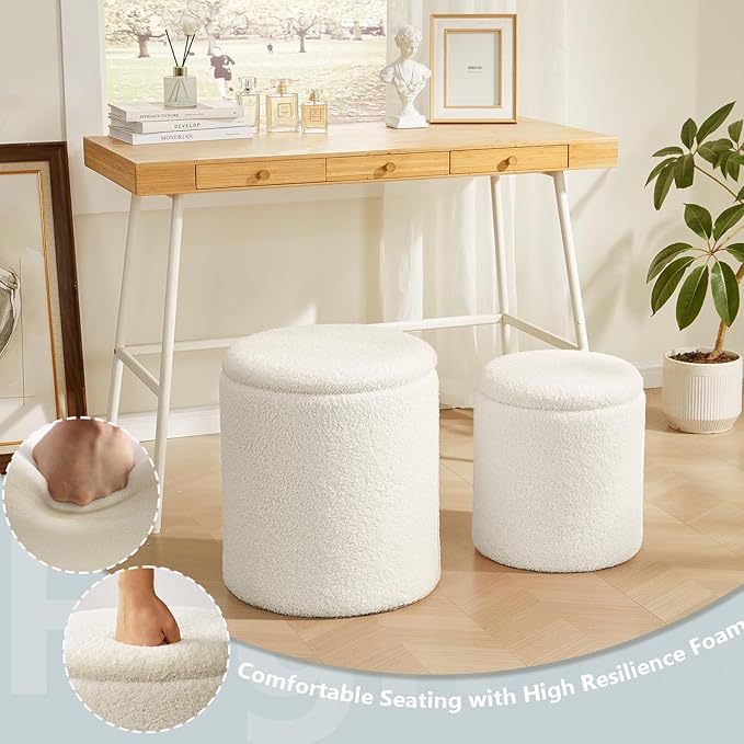 Royal Windsor Boucle Round Ottoman with Storage Set of 2,Small Foot Stool Ottoman for Living Room, Small Coffee Table,Vanity Stool with Storage for Bedroom, White