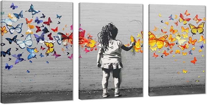 Novatique Banksy Wall Art Street Wall Art Colorful Butterfly Graffiti Painting Canvas Print Modern Graffiti Picture Art for Office Living Room Bedroom,20”x 28”x3Pcs