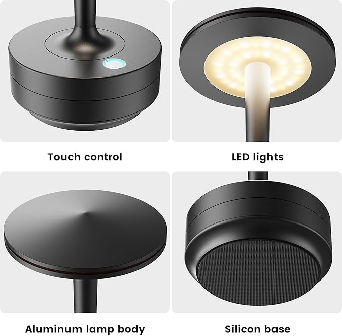 Cordless Table Lamp Rechargeable,6000mAh Battery Operated LED Desk Lamp 3 Color Stepless Touch Dimming,Waterproof Portable Memory Function Light for Bedroom,Outdoor,Patio,Dining,Restaurant Black 2P
