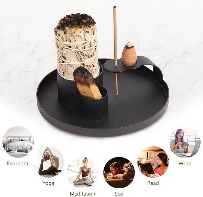 4 in 1 Incense Holder, Sage Burner Holder, Palo Santo Holder Burner, 5.47" Ash Catch Tray, Smudge Stick Holder with Handle for Incense Sticks Incense Cone, Yoga Meditation and Room Decor