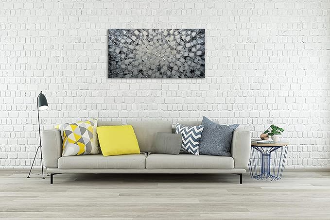 Extra Large Wall Art Abstract Black Silver Squares Canvas Art Hand Painted 3D Textured Oil Painting on Canvas Framed Ready to Hang by Horizontal and Vertical 60x30inch