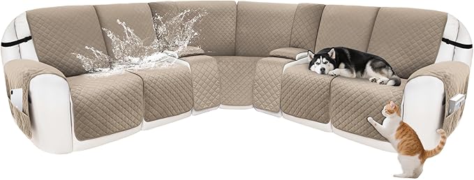 Recliner Sofa Covers 100% Waterproof Velvet L Shape Recliner Couch Covers for Dogs Pets Washable Anti Slip Recliner Slipcovers with Pockets (5 Seat Sofa with 2 Console, Khaki)