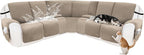 Recliner Sofa Covers 100% Waterproof Velvet L Shape Recliner Couch Covers for Dogs Pets Washable Anti Slip Recliner Slipcovers with Pockets (5 Seat Sofa with 2 Console, Khaki)