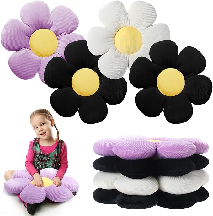 Reginary 4 Pcs Flower Floor Pillows Cute Plush Flower Throw Pillows Daisy Floor Seat Cushion Chair Pads for Back to School First Day of School for Sofa Couch Bed Decor(15 Inch,Black, White, Purple)