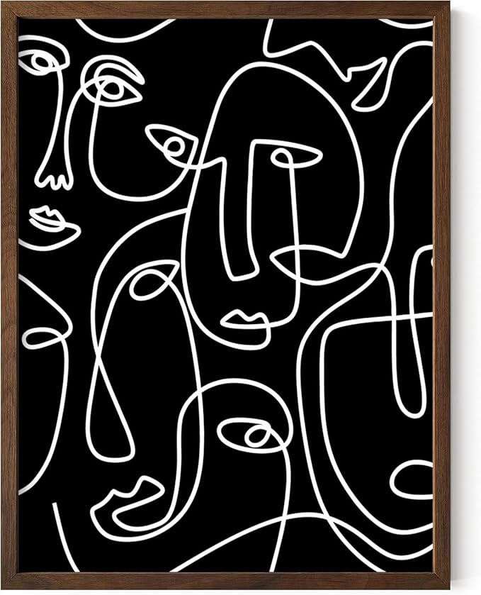 Abstract Face Pattern Wall Art Black Background White Continuous Line Drawing 12x16 Inch Oak Wood Walnut Framed Modern Diverse Portrait for Living Room Decor