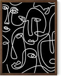 Abstract Face Pattern Wall Art Black Background White Continuous Line Drawing 12x16 Inch Oak Wood Walnut Framed Modern Diverse Portrait for Living Room Decor