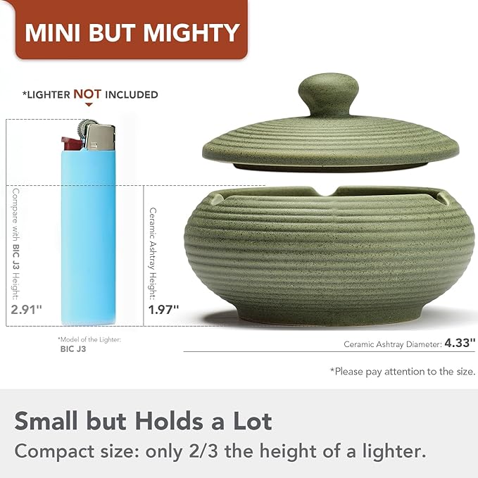 Ashtray with Lid for Outside Patio, Windproof Ash tray, Ceramic Smokeless Ashtray for Outdoor Home Office Tabletop Patio Outdoor Balcony, Dark Green