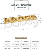 Bathroom Light Fixtures, 5 Light Brushed Gold Vanity Light, 32 Inch Modern Wall Sconces with Globe Clear Glass Shade, Vanity Lighting Fixtures Over Mirror, VL195-BG-CL-5