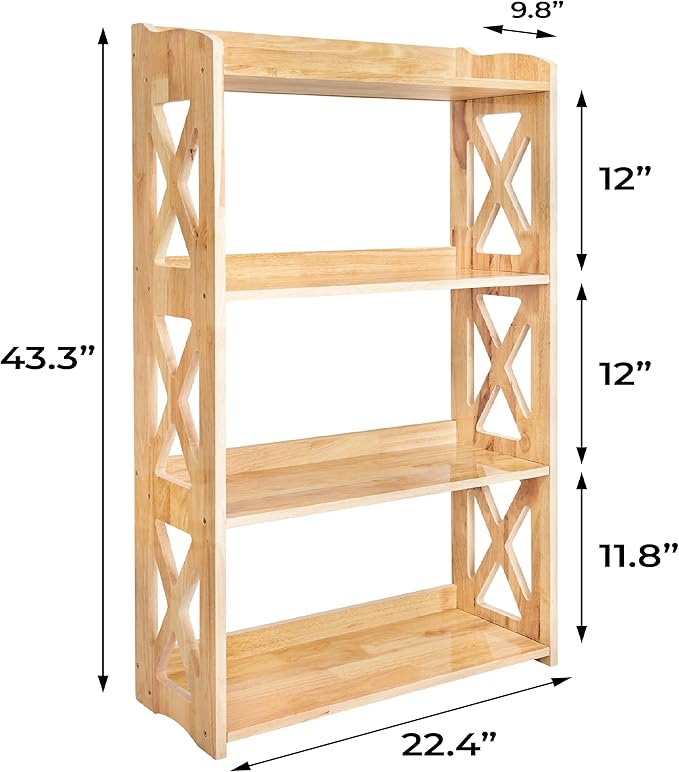 Natural Bookcase by Natural Wood, 4 Tier Bookshelf, Small Book Shelves Freestanding Display Storage Shelves. Open Bookshelf for Bedroom, Living Room and Office (Natural, 4 Tier)