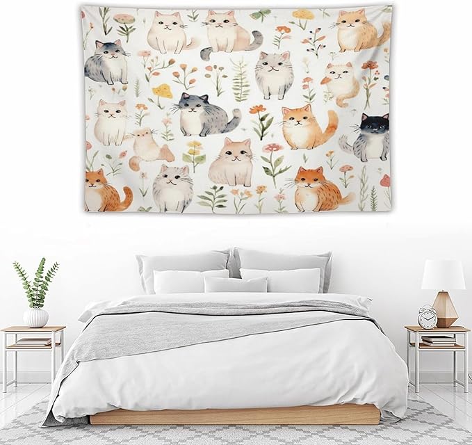VUMIVI Cute Cat Tapestry Cartoon Pets Flowers Mushrooms Butterflies Watercolor Illustrations Tapestry Wall Hanging for Living Room Bedroom Dorm Classroom Aesthetic Decor W60xL40in