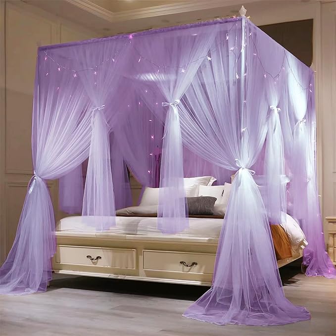VETHIN 4 Corners Post Princess Bed Canopy Curtain Double Layer Cozy Drape Netting 4 Opening Mosquito Net for Girls & Adults Bedroom Decoration Accessories (Double Purple,53" W*78" L*82"*H/(Full))