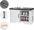 2-Tier Storage Bench, 27.6" Wide Shoe Bench with Padded Seat Cushion, Entryway Bench with 2 Barn Doors and Adjustable Shelf, White