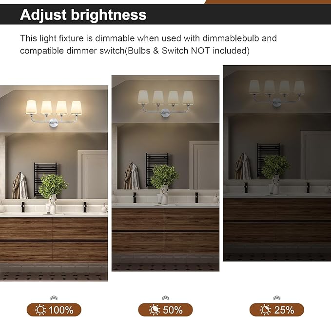 Kvhilw Bathroom Vanity Light, Brushed Nickel Bathroom Light Fixtures, 4-Light Lighting Fixtures Over Miror, Modern Wall Sconce with Flared White Fabric Shade, E26 Socket(ETL Listed)