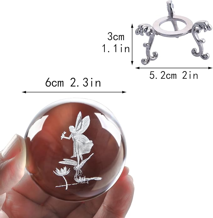 HDCRYSTALGIFTS 2.3in 3D Laser Crystal Fairy with Dragonfly and Lotus Figurines Crystal Ball Paperweight with Stand Base - 3D Engraving Glass Full Sphere Wedding Gift Home Decor