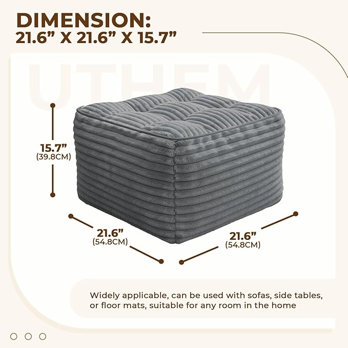 Square Pouf Ottoman, Boho Stuffed Poufs Ottoman Foot Rest with Memory Foam Filled 21.6 x 15.7 inches Modern Corduroy Foot Rest Stool for Living Room, Gray