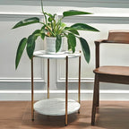 Small Round Side Table, 2-Tier Gold End Table with Faux Marble Top for Small Spaces, Modern Side Table for Living Room, Couch, or Bedroom Nightstand (1 pcs Gold, Round)