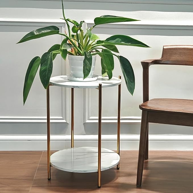 Small Round Side Table, 2-Tier Faux Marble and Gold End Table for Small Spaces,Set of 2 Modern Side Table for Couch, Living Room or Bedroom Nightstand (2 pcs Gold, Round)