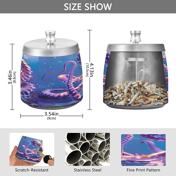 Octopus Underwater Ashtray with Lid, Outdoor Ashtrays for Patio, Stainless Steel Ashtray Odorless Smokeless for Home Office Balcony