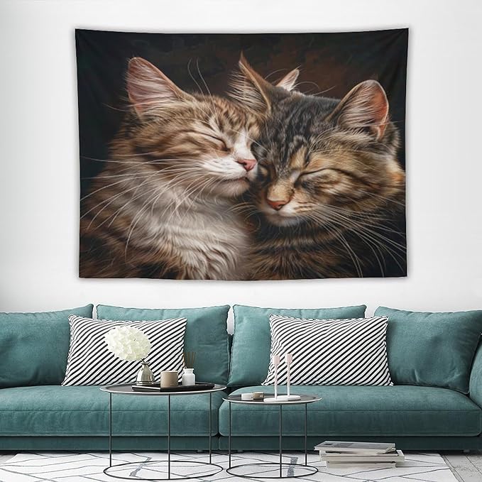 VUMIVI Cat Tapestry Adorable Animals Two Kittens Snuggling Together Vintage Print Realistic Design Tapestry Wall Hanging for Living Room Bedroom Dorm Classroom Aesthetic Decor W80xL60in