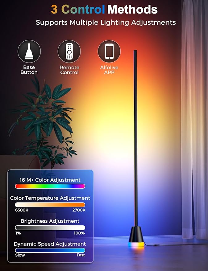 RGB Floor Lamp, Smart LED Corner Lamp for Living Room Bedroom, 16 Million DIY Colors Standing Lamp with Music Sync App & Remote Control, Cool Modern Mood Light Ambient Lighting, Black